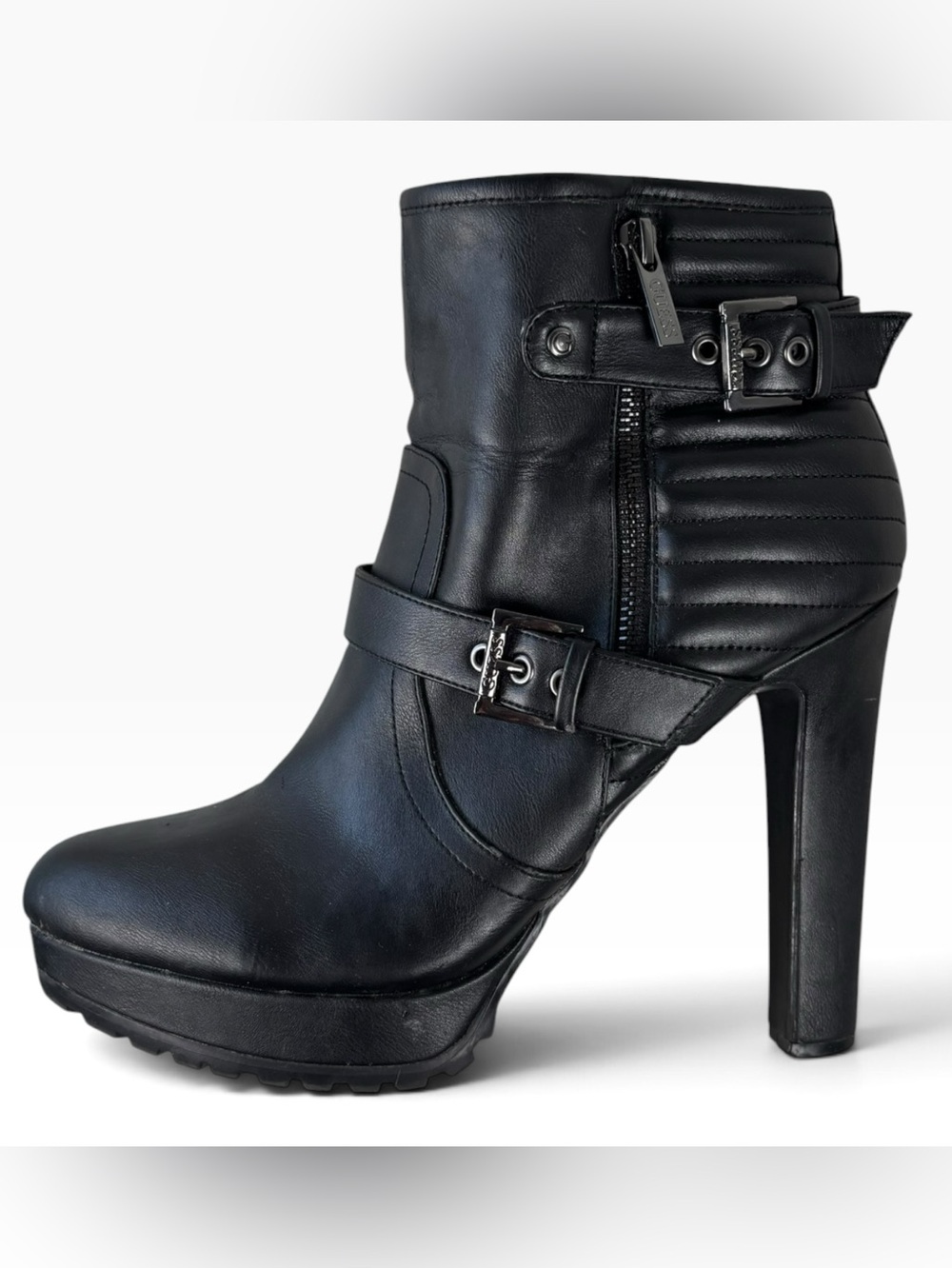 Guess Black Leather Ankle BootsWomens Size 10 High Heel Moto Boots with Buckles